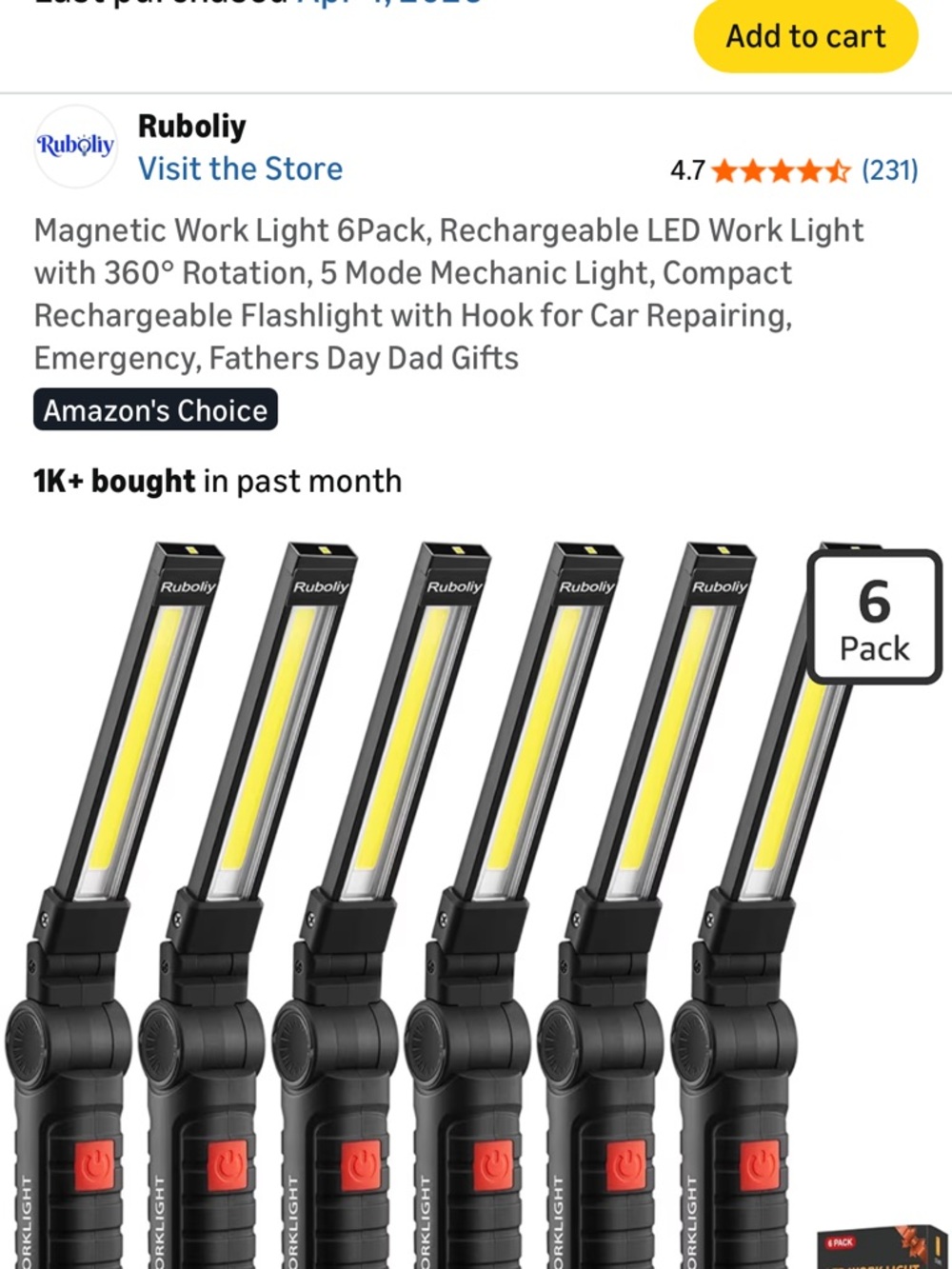 Black Rechargeable LED Work Light - 6 Pack